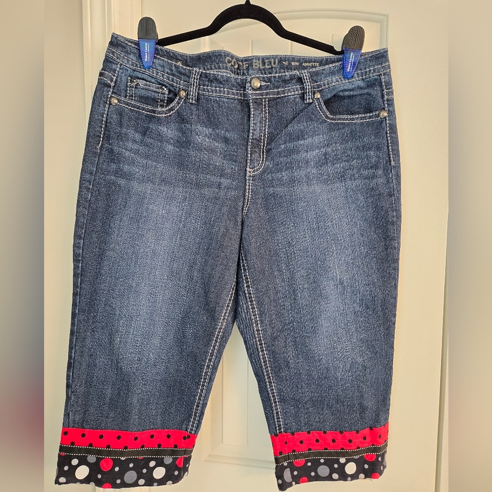 Handmade Red & Black Faux Cuff Capri Jeans, Plus Size 18W